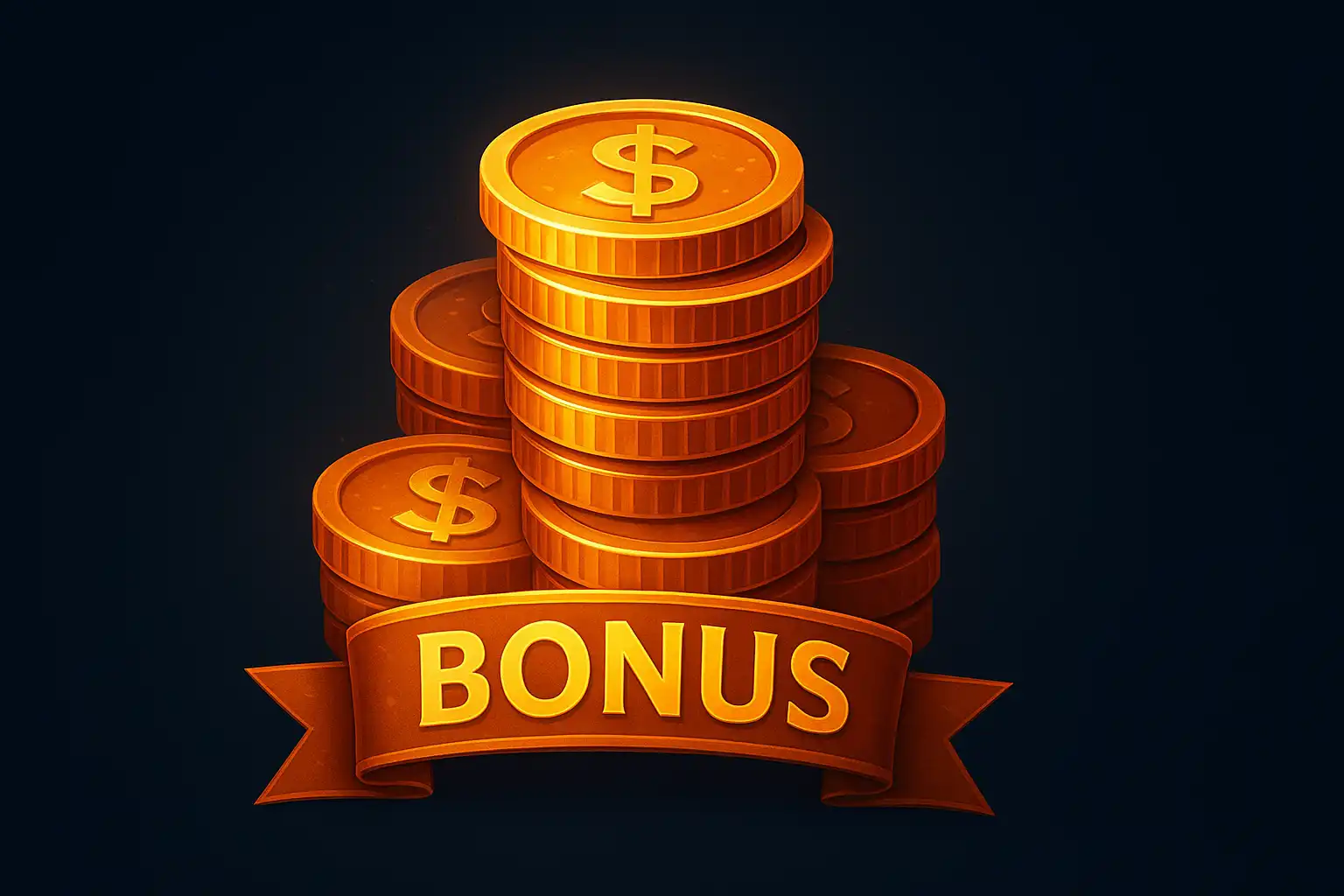 Stack of gold bonus coins and a welcome badge over a dark navy copper background