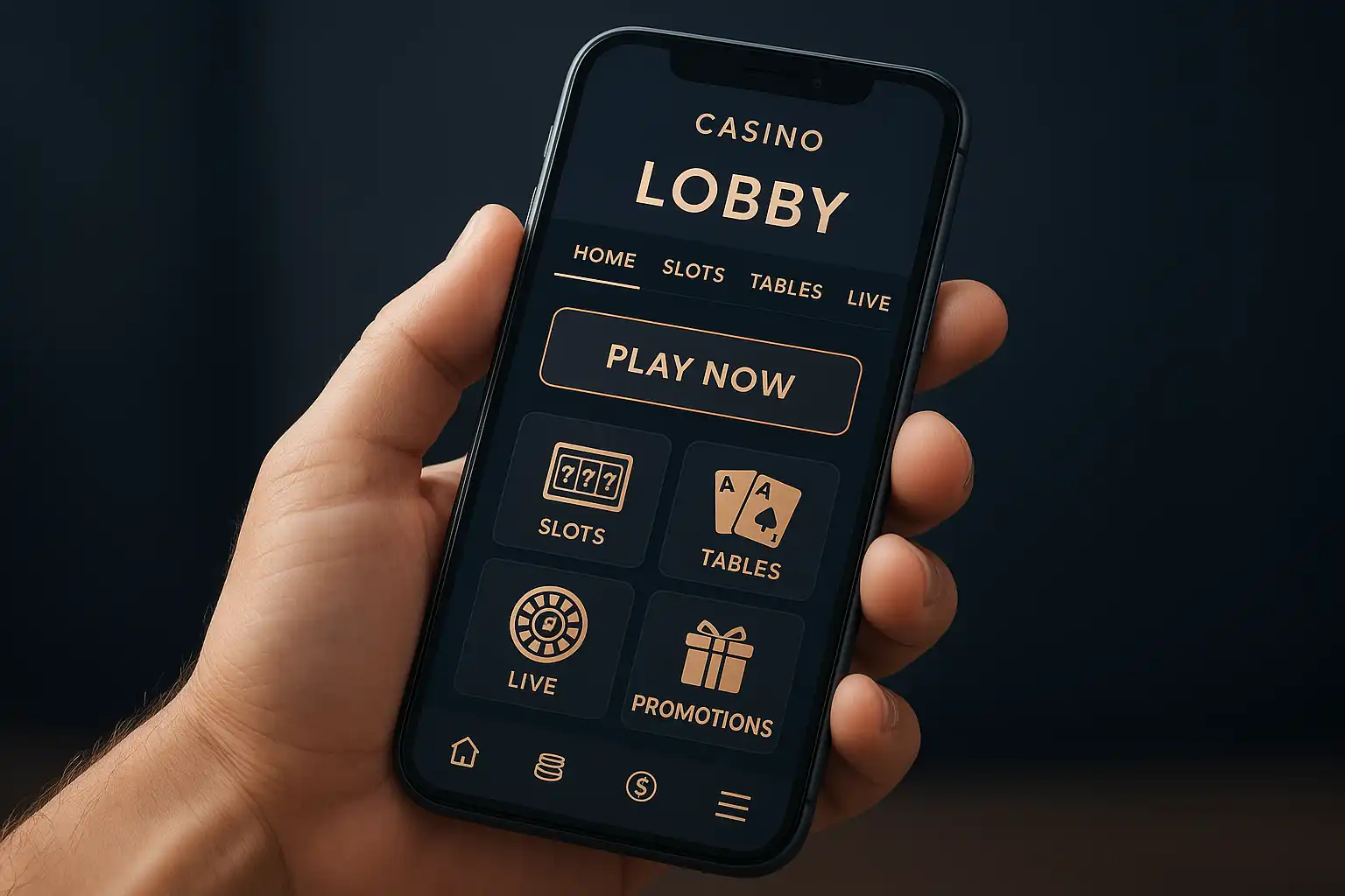 Smartphone showing the Ragnabet casino app lobby with copper accented buttons
