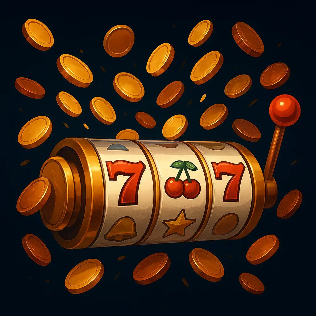 Slot reels spinning with bonus coins flying out